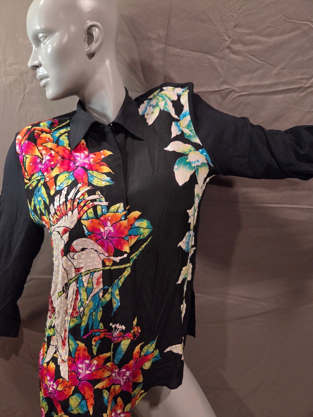 Diane Gilman Top Medium Silk Sequin Floral Long Sleeve Button Down Blouse